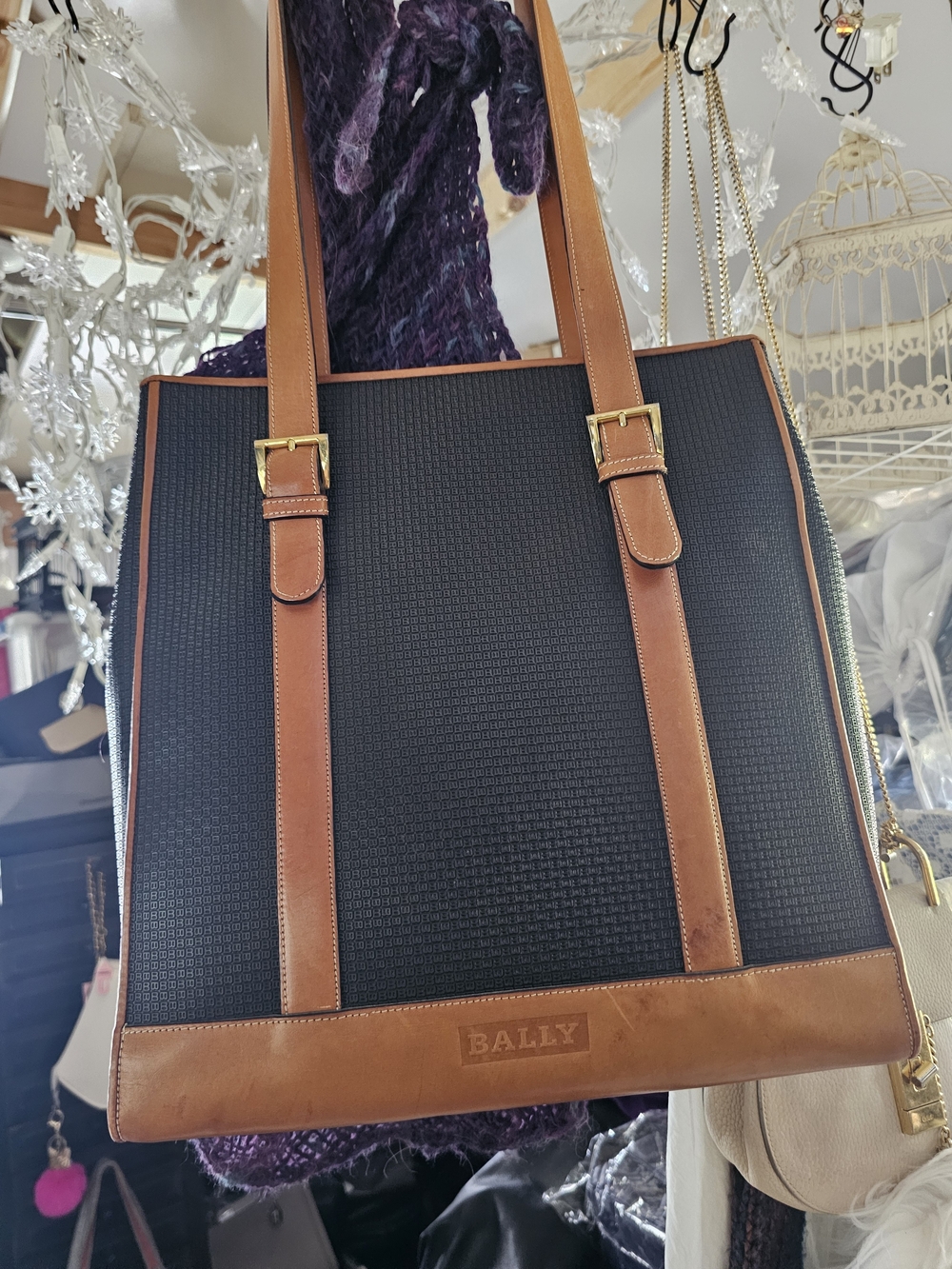 Bally Black Tote with Brown Leather Trim - Vintage Messenger Tote - Picture 3 of 16